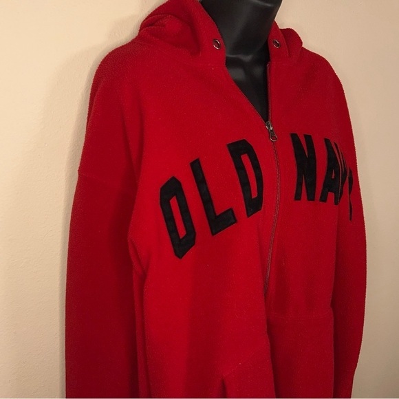 LARGE Y2K ERA OLD NAVY WOMENS RED FLEECE JACKET PULLOVER BLACK LOGO - Picture 3 of 10